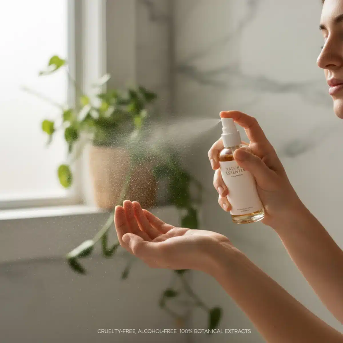 Eine Person sprüht vorsichtig ein natürliches Parfüm auf ihr Handgelenk.