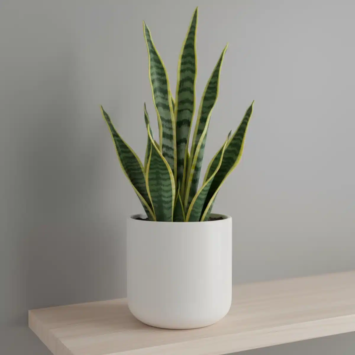 Nahaufnahme einer Sansevieria (Bogenhanf) in einem modernen Topf, die ihre charakteristischen Blätter zeigt.