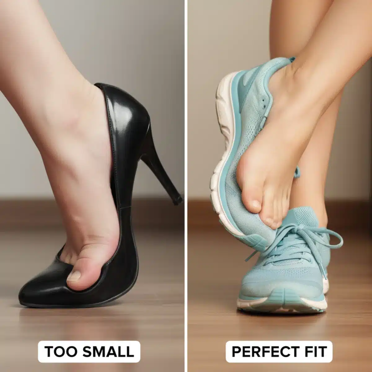 Visueller Vergleich von schlecht sitzenden und perfekt passenden Schuhen, um den Unterschied in Komfort und Passform zu verdeutlichen.