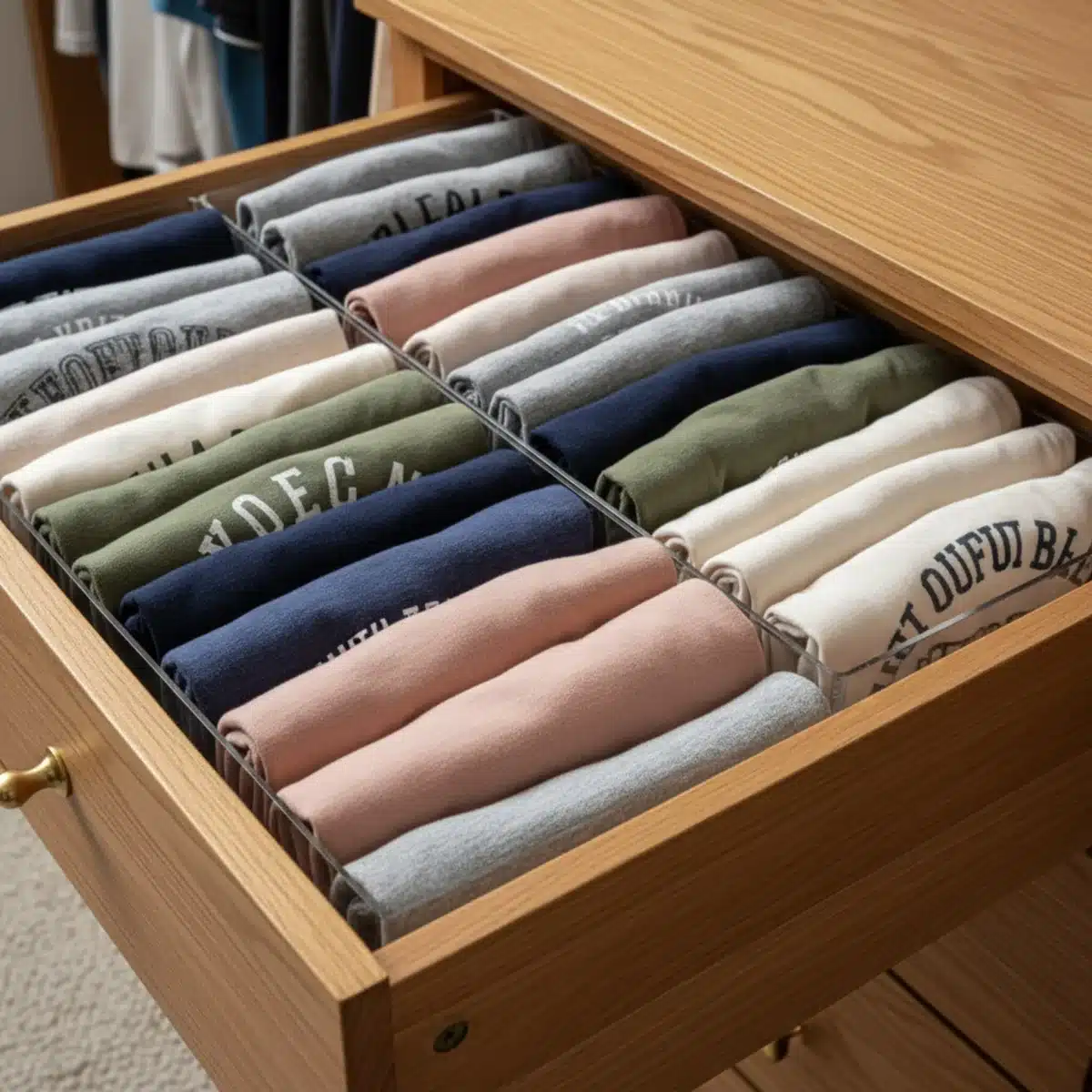 Nahaufnahme einer Schublade mit vertikal gefalteten T-Shirts und Schubladenteilern für maximale Platzausnutzung.