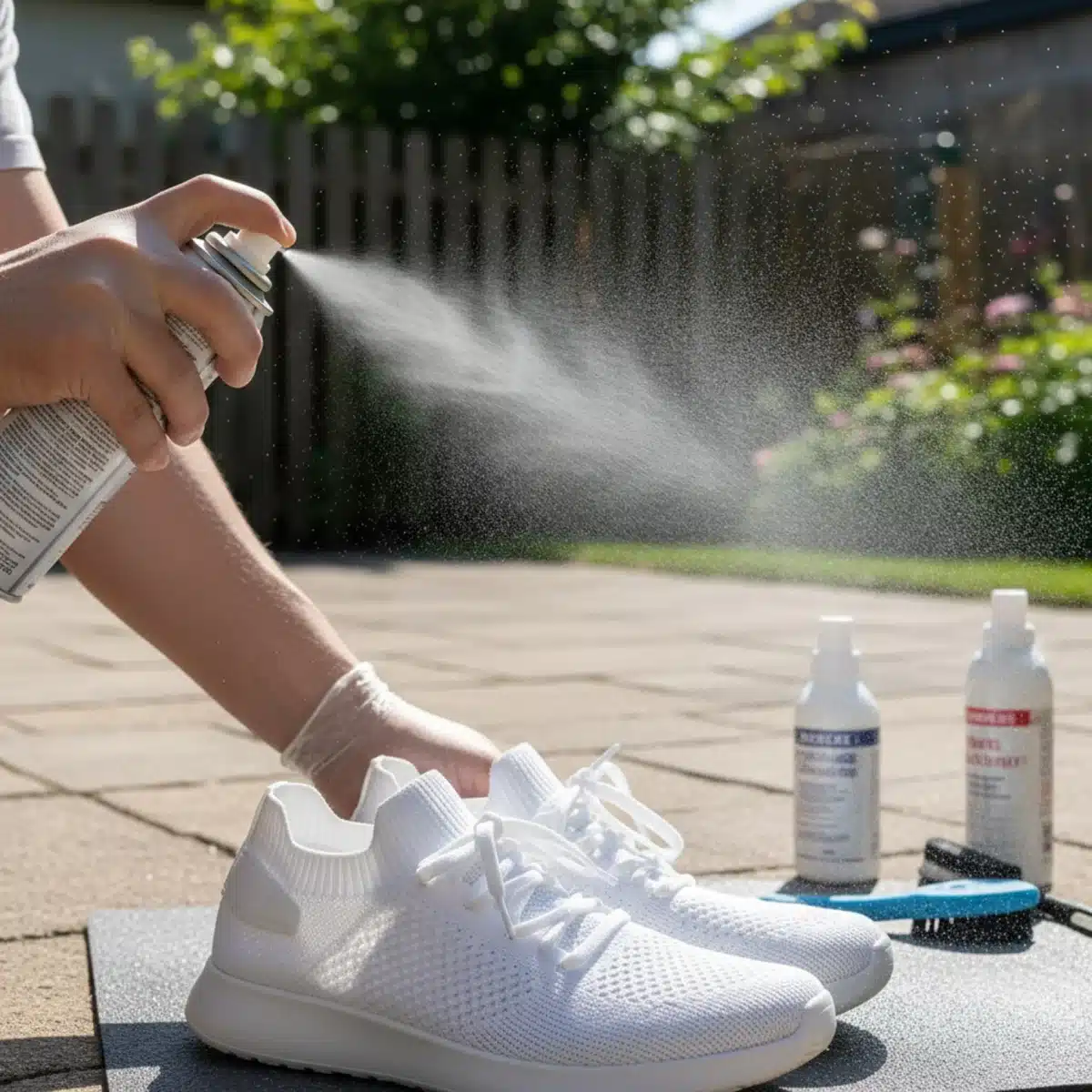 Person sprüht Imprägnierspray auf Sportschuhe im Freien.