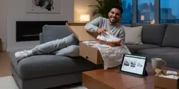 Zufriedene Person packt neue Schuhe aus, die online gekauft wurden