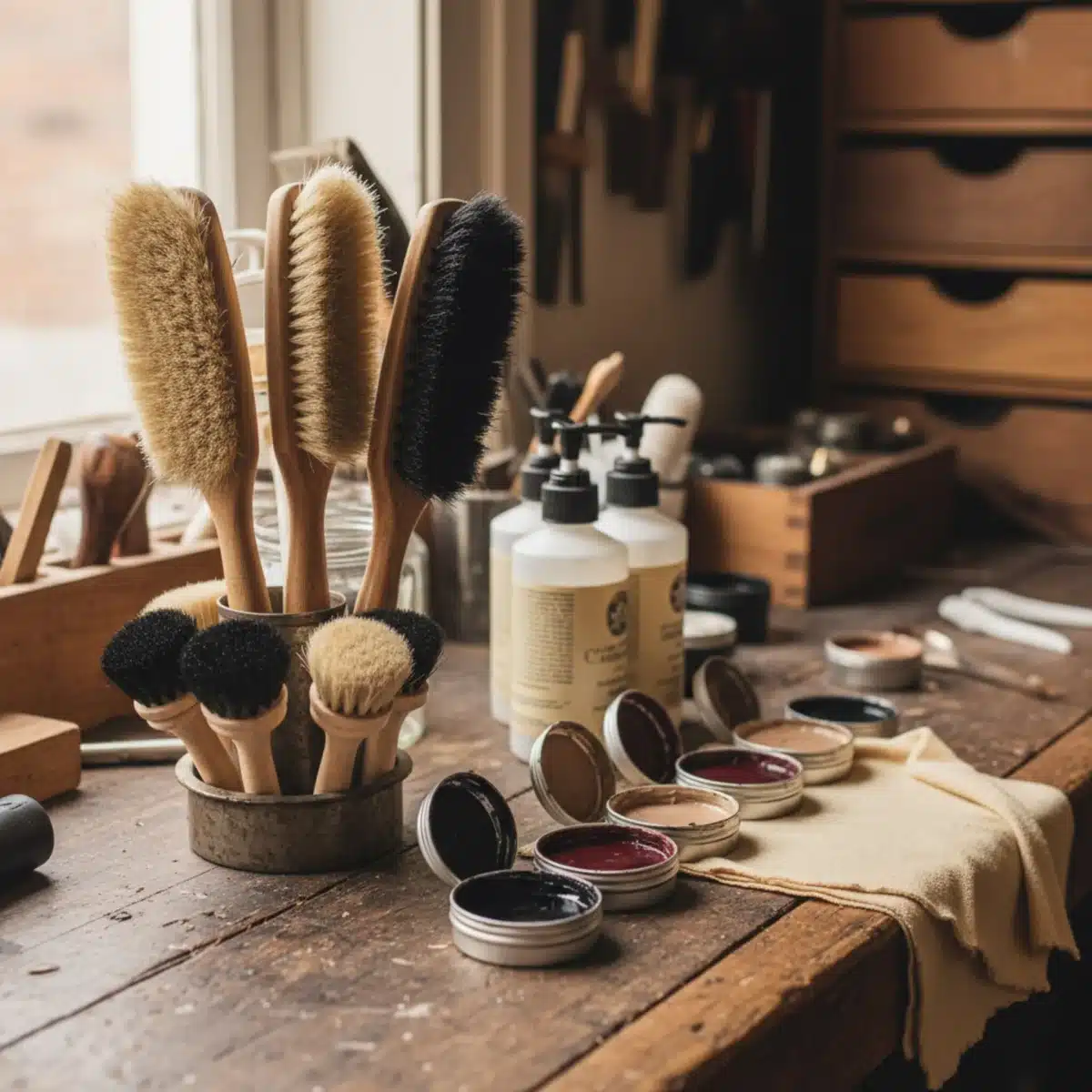 Sortiment an Schuhbürsten und Polituren auf einer Werkbank.