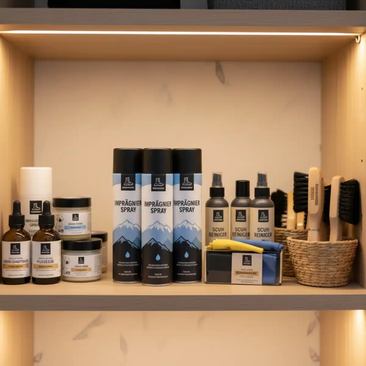 Auswahl an Schuhpflegeprodukten wie Imprägniersprays, Lederpflegemittel und Reinigungssets.