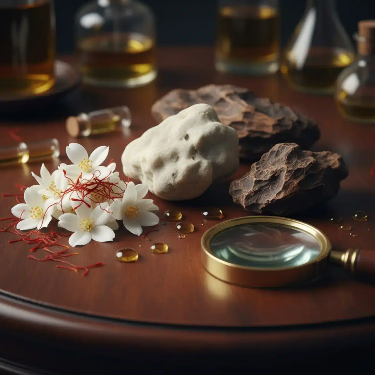 Sammlung seltener und exotischer Parfümrohstoffe wie Ambra, Oud und Jasmin, die die Komplexität der Luxusparfümherstellung darstellen.