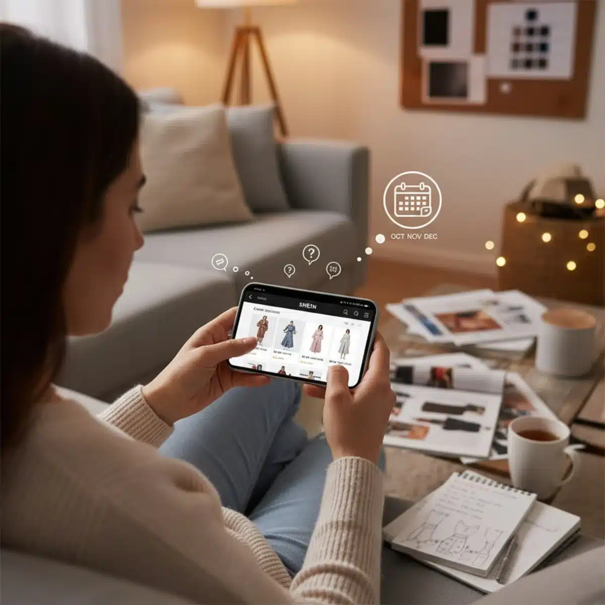 Person kauft strategisch auf der SHEIN App für Capsule Wardrobe ein