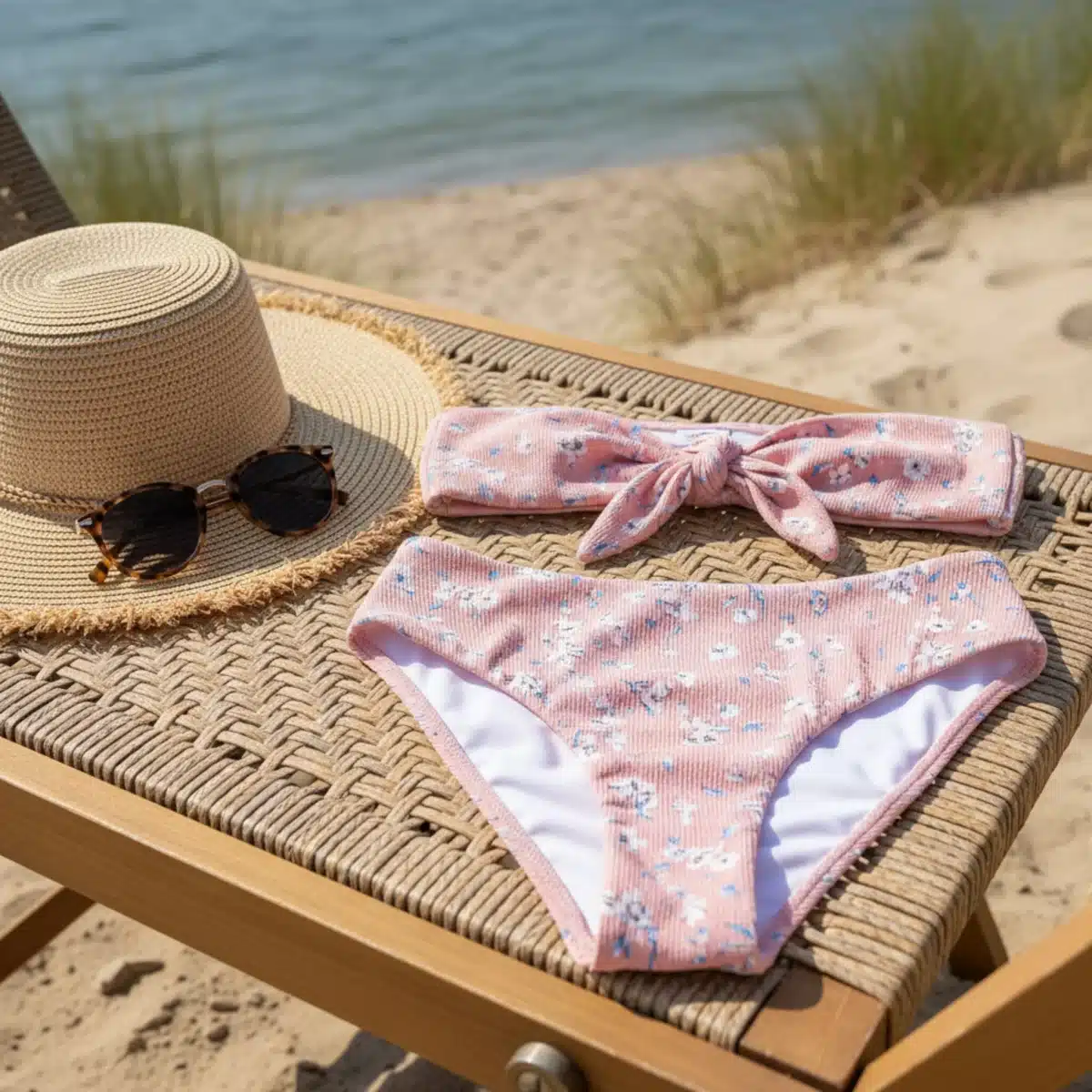 Detailaufnahme eines hochtaillierten SHEIN Bikinis 2025 mit Blumenmuster.