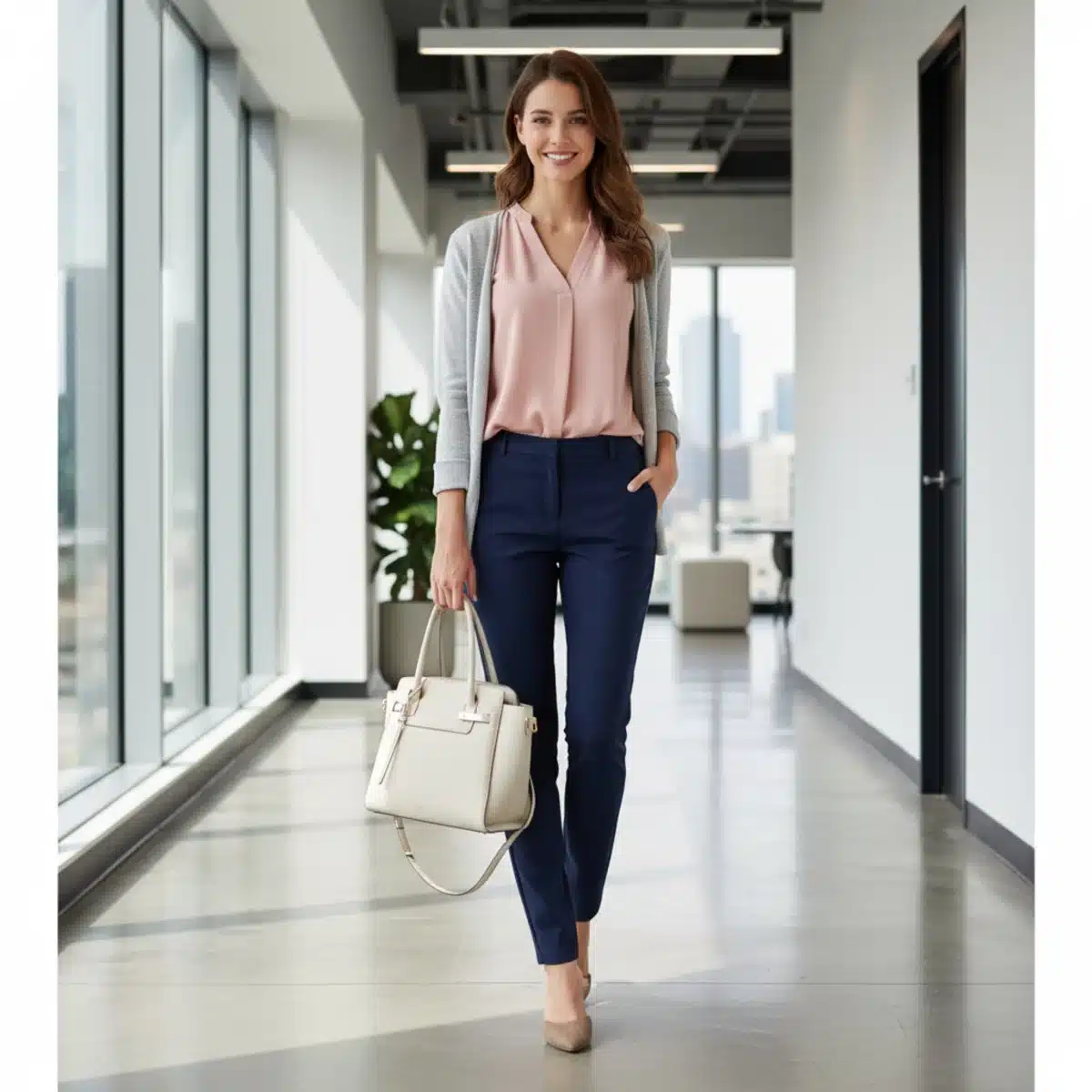 Junge Frau in SHEIN Business Casual Kleidung im Büroflur