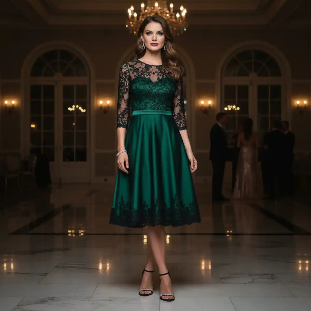 Model in einem schicken, knielangen Cocktailkleid in einem kräftigen Juwelenton mit Spitzendetails, ideal für eine Abendhochzeit.