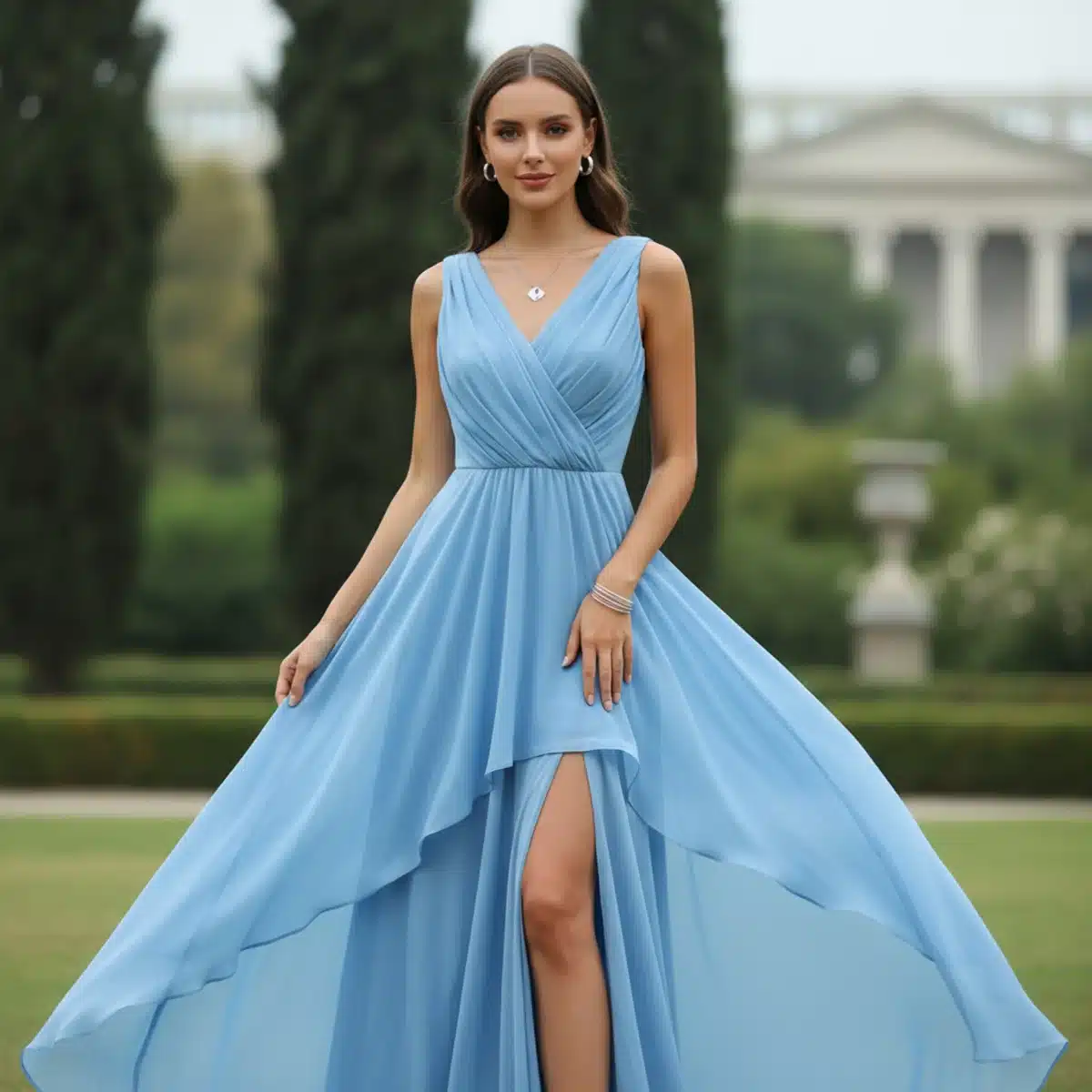 Modell trägt elegantes himmelblaues SHEIN Kleid im Frühling 2025.