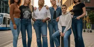 Vielfältige junge Frauen in trendigen SHEIN Jeans auf einer deutschen Stadtstraße im Jahr 2025