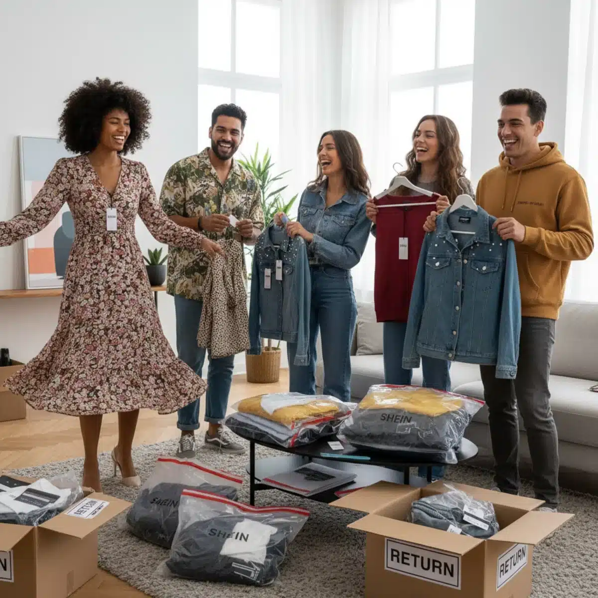 Freunde probieren SHEIN-Kleidung an, einige Artikel liegen für mögliche Rückgabe bereit.