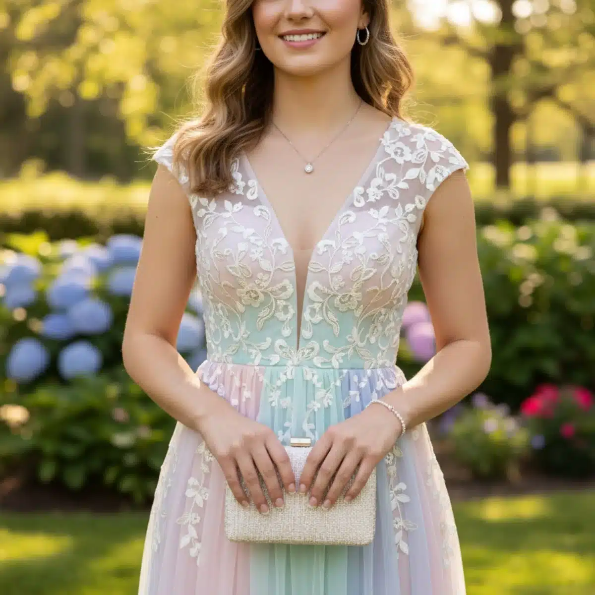 Frau in einem eleganten, pastellfarbenen Maxikleid mit Blumenstickerei, perfekt für eine Frühlingshochzeit.