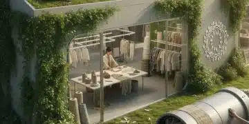 SHEIN Nachhaltigkeit: Grüne Blätter und recycelte Stoffe symbolisieren Umweltinitiativen und Fortschritt.