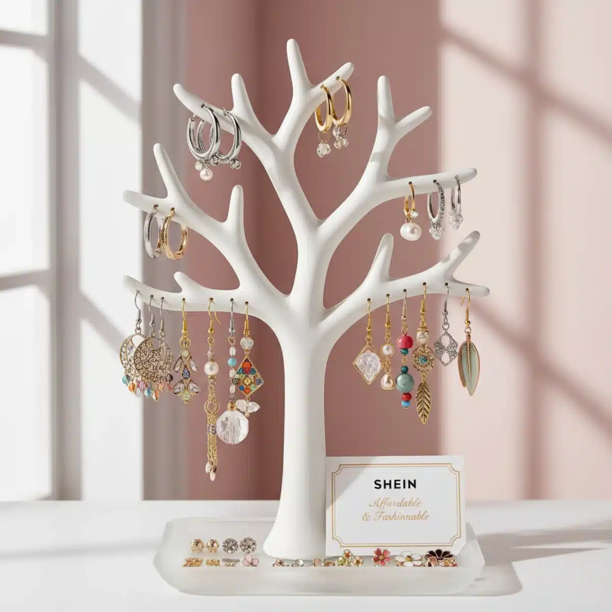 Übersichtliche Präsentation von SHEIN Ohrringen auf einem Schmuckständer.