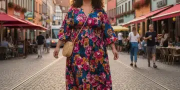 Stylische kurvige Frau in SHEIN Plus Size Outfit in einer deutschen Stadt