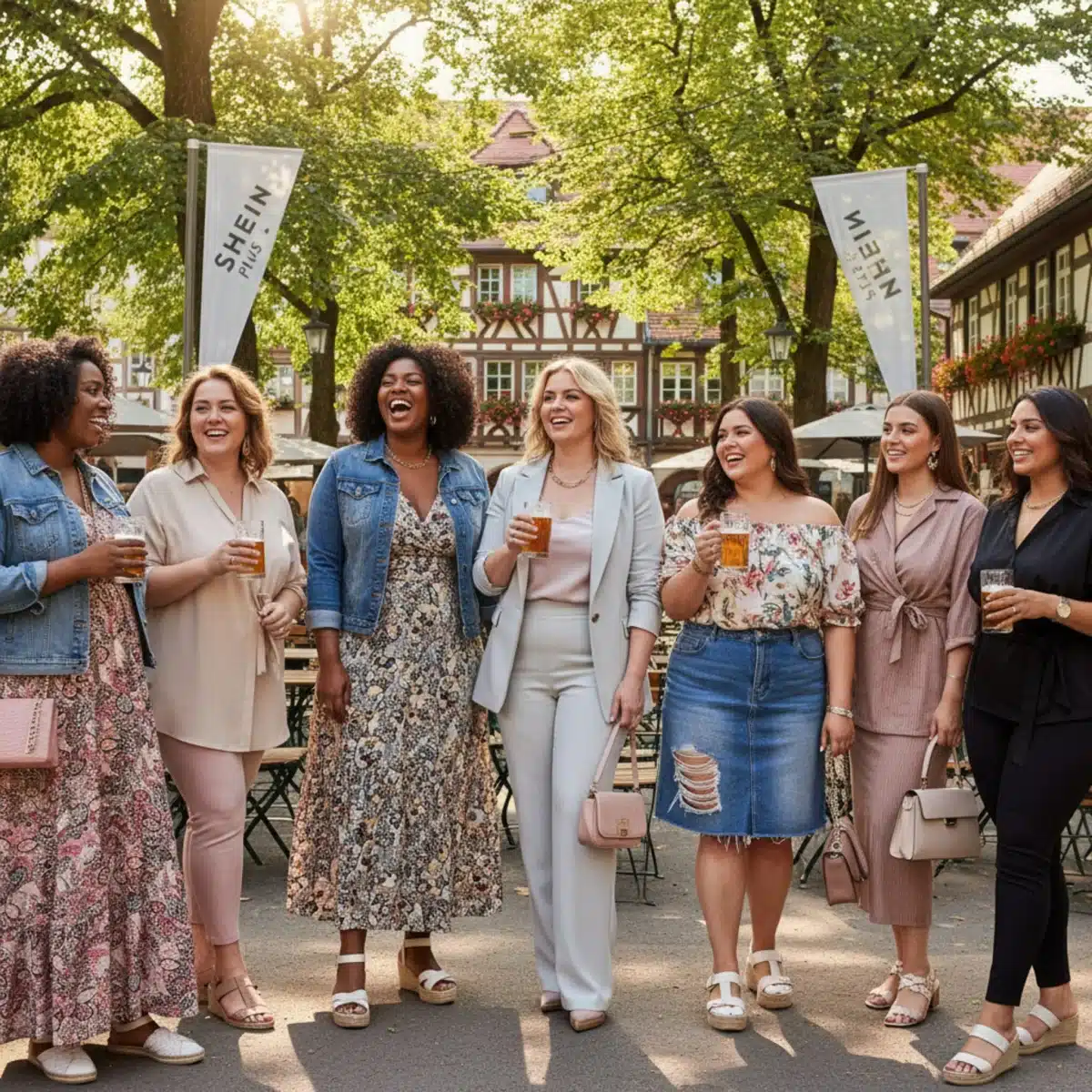 Vielfältige Gruppe kurviger Frauen in SHEIN Plus Size Mode