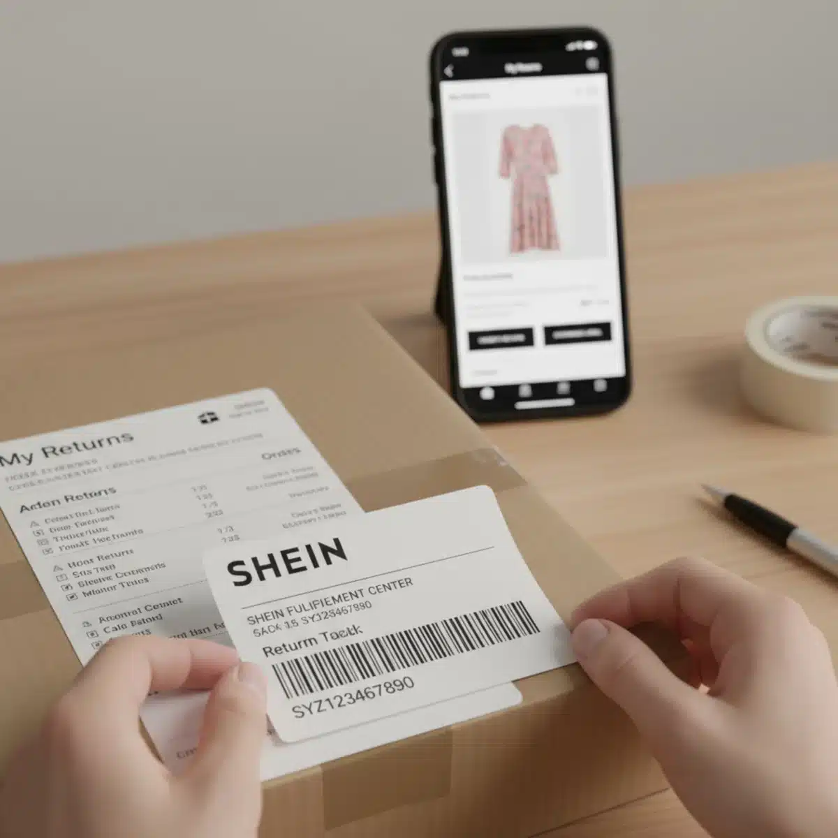 Nahaufnahme eines SHEIN-Rücksendeetiketts mit SHEIN App im Hintergrund.