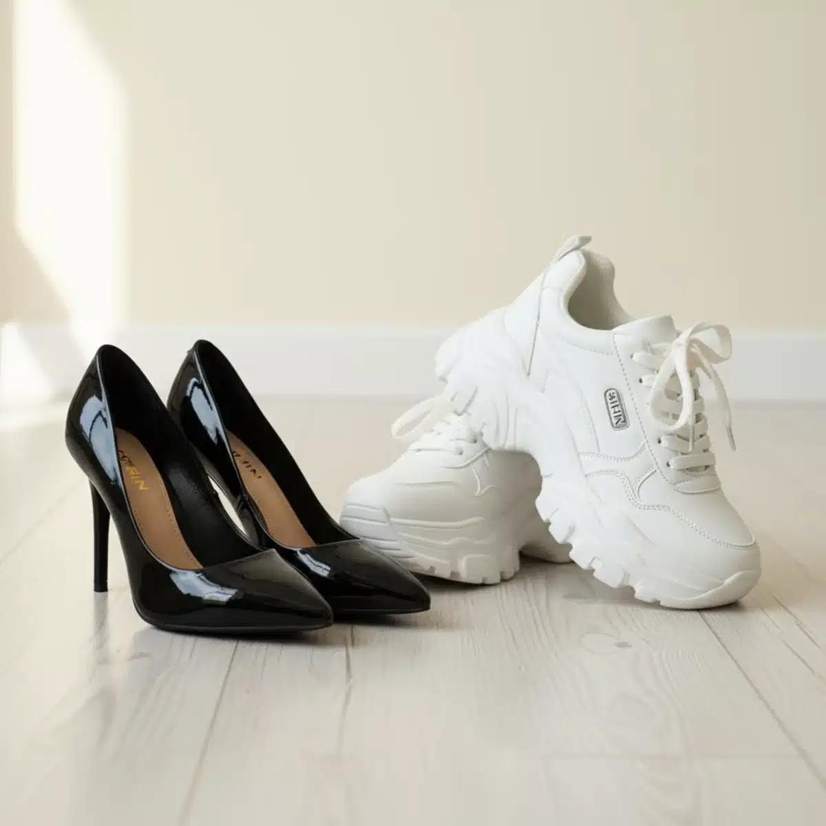 Nahaufnahme von eleganten SHEIN High Heels und trendigen Plateau-Sneakern aus der Kollektion 2025.