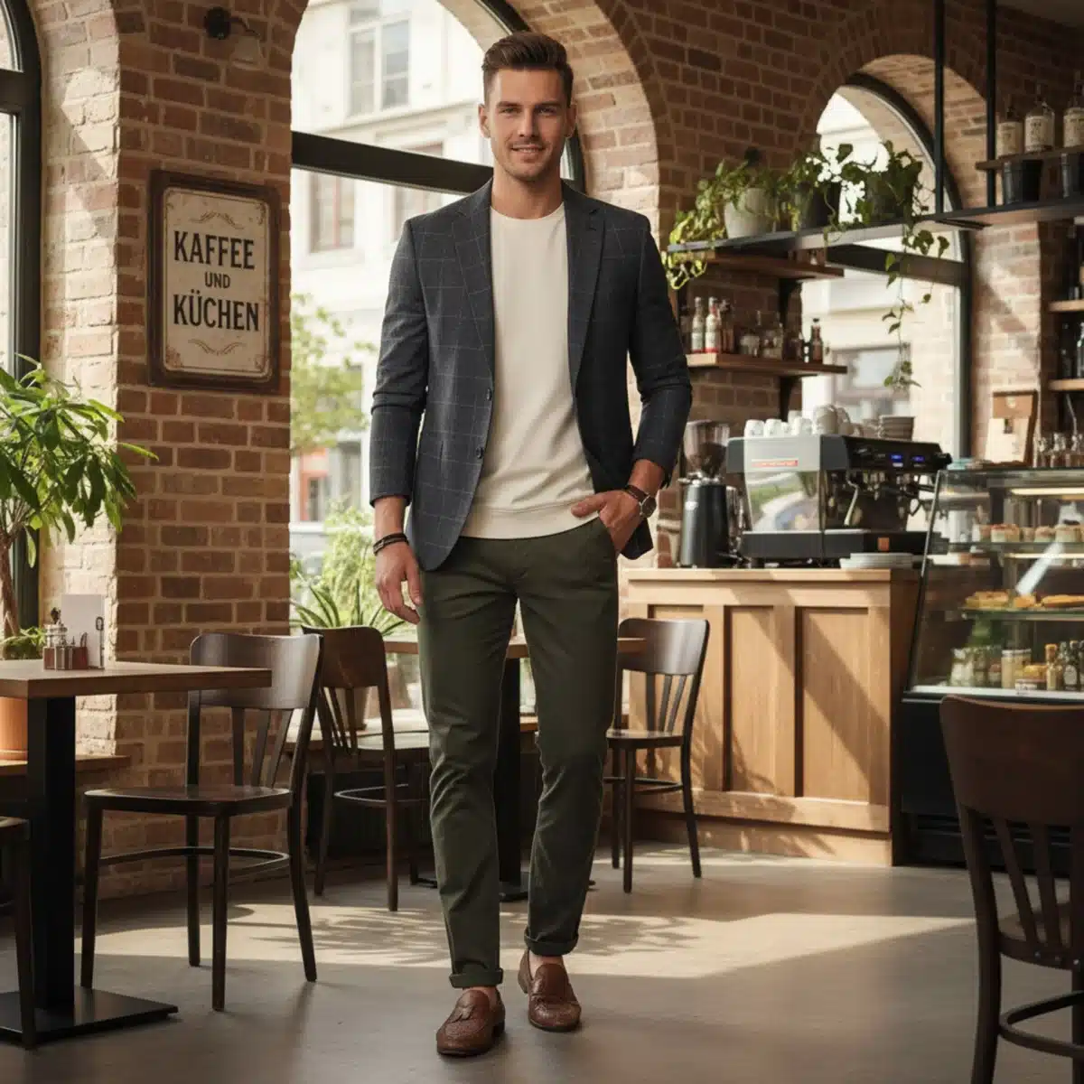 Eleganter Mann in SHEIN Smart-Casual-Outfit 2025 in deutschem Café