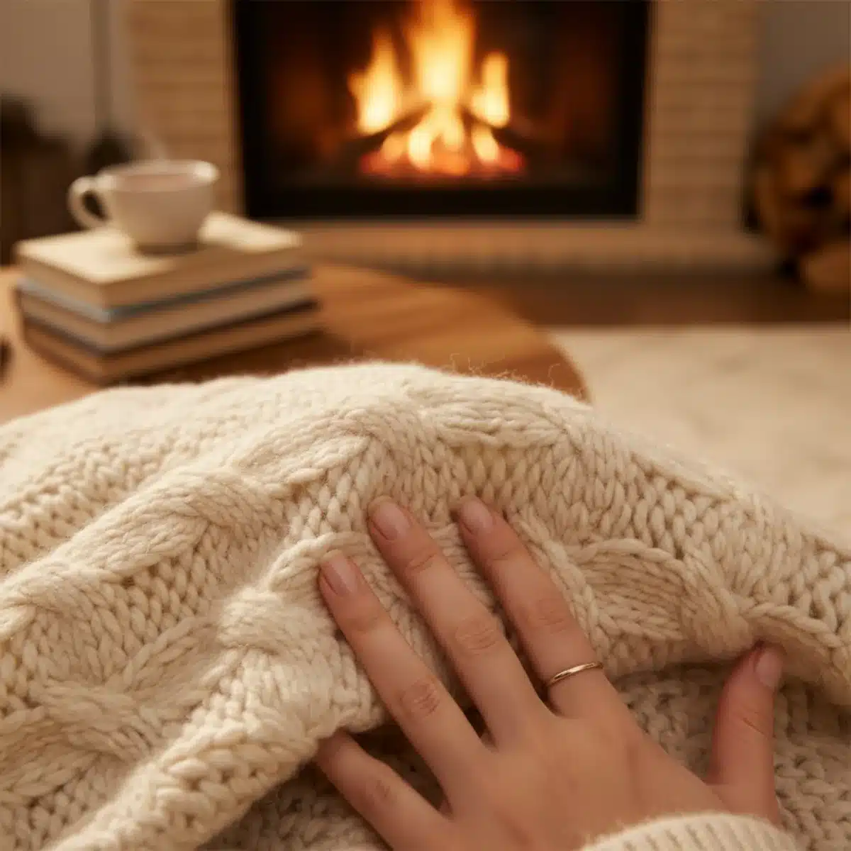 Nahaufnahme der weichen Textur eines SHEIN Strickpullovers