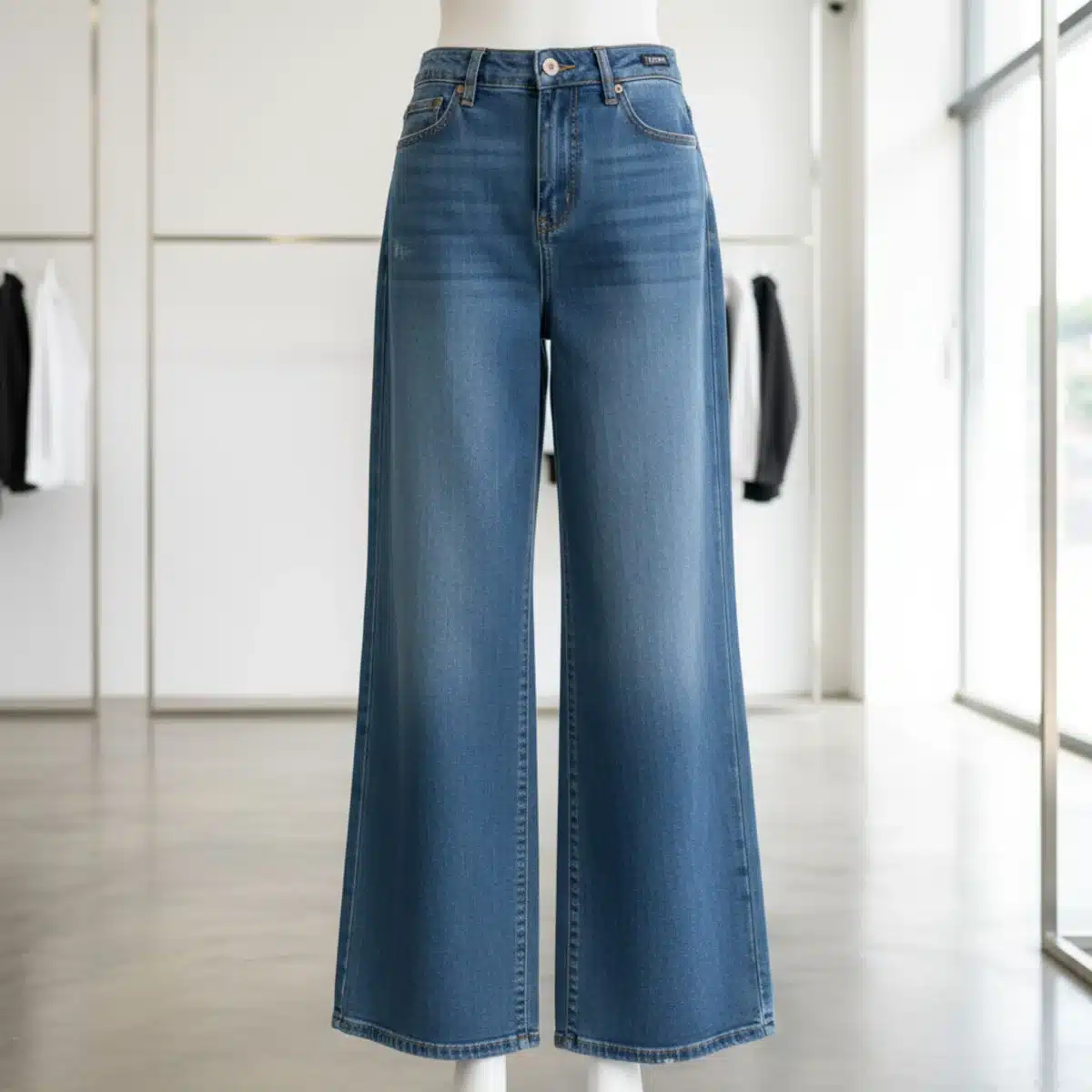 Detailaufnahme einer SHEIN Wide-Leg Jeans, Stoff und Nähte im Fokus