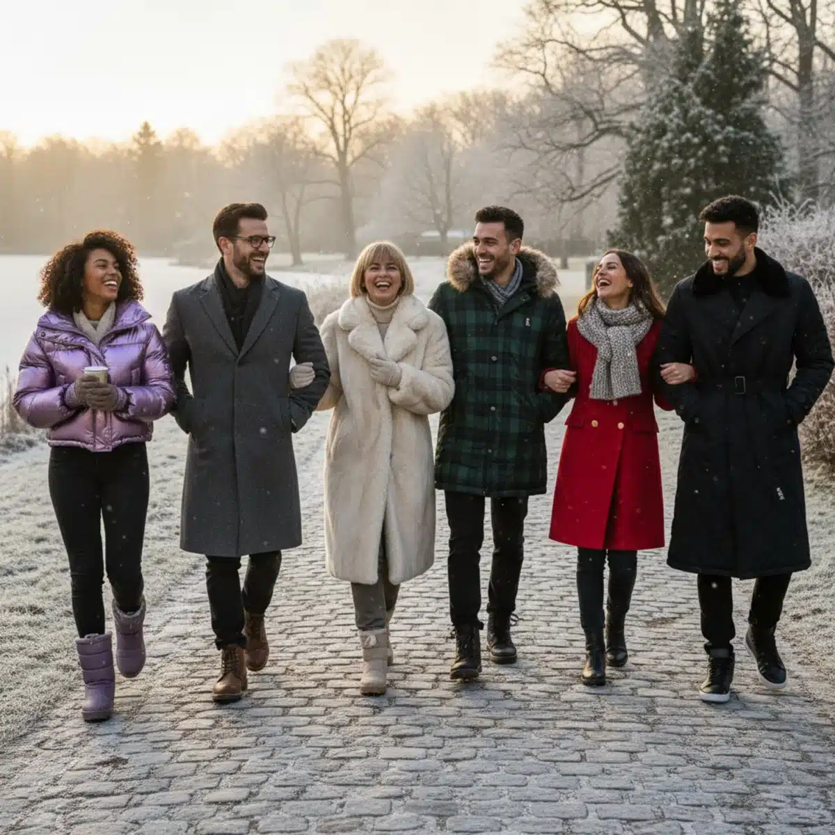 Freundesgruppe in verschiedenen SHEIN Wintermänteln 2025 im Park