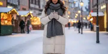 Modische Frau in SHEIN Winteroutfit 2025 in verschneiter deutscher Stadt