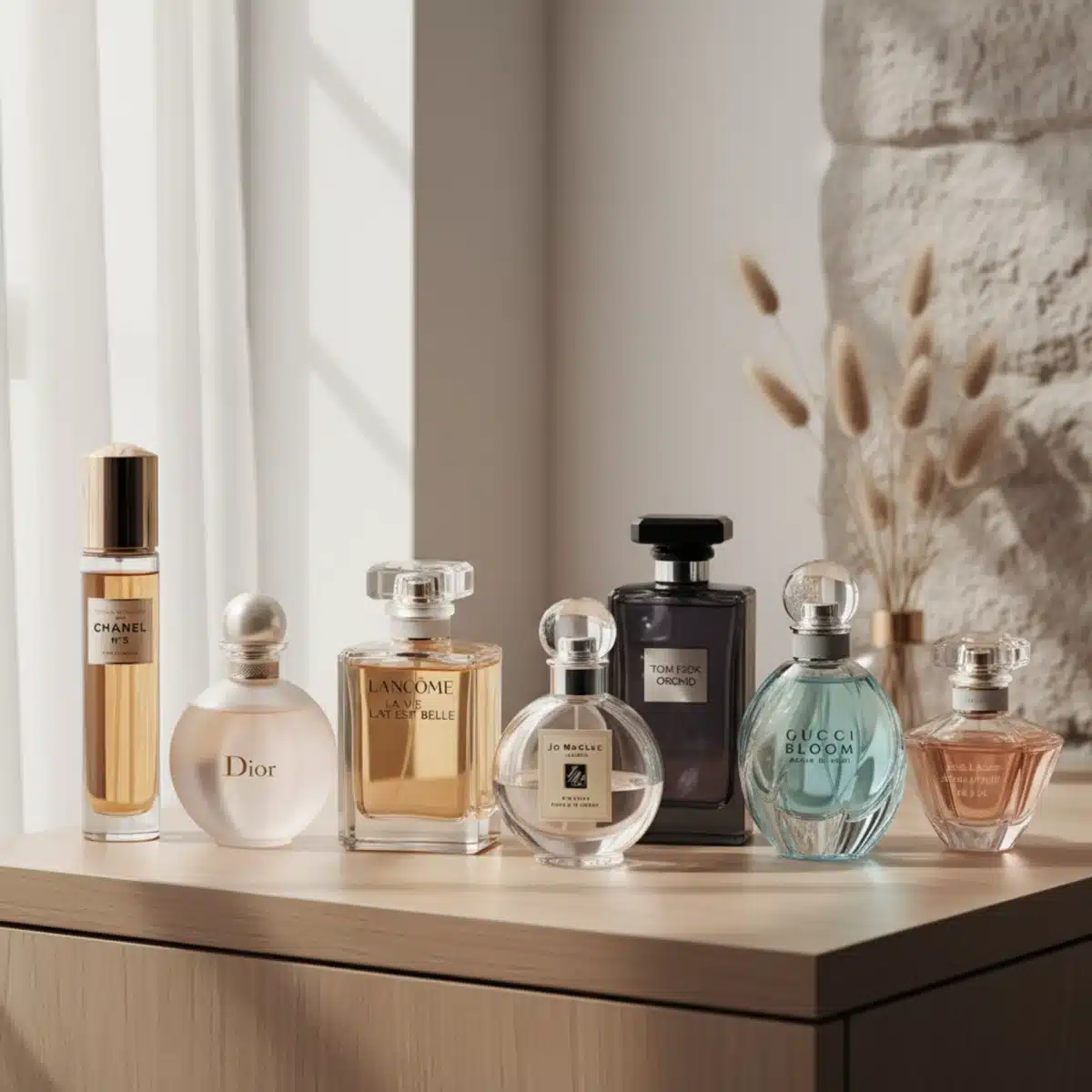 Sieben verschiedene Parfümflakons, die beliebte Düfte für Frauen über 40 repräsentieren