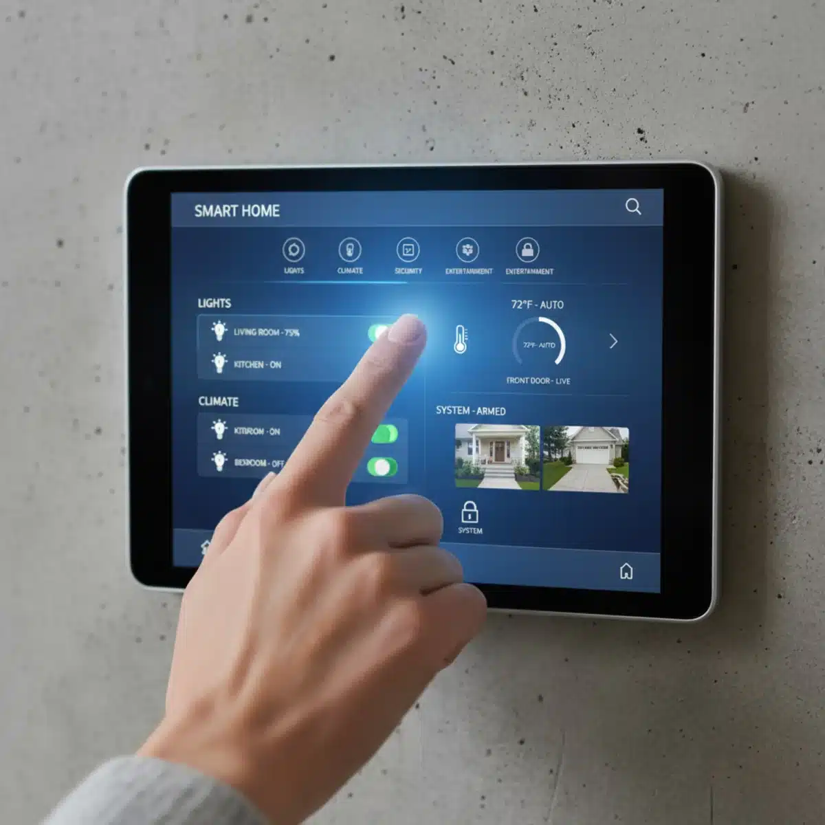 Hand bedient ein Smart-Home-Kontrollpanel mit verschiedenen intelligenten Geräten.