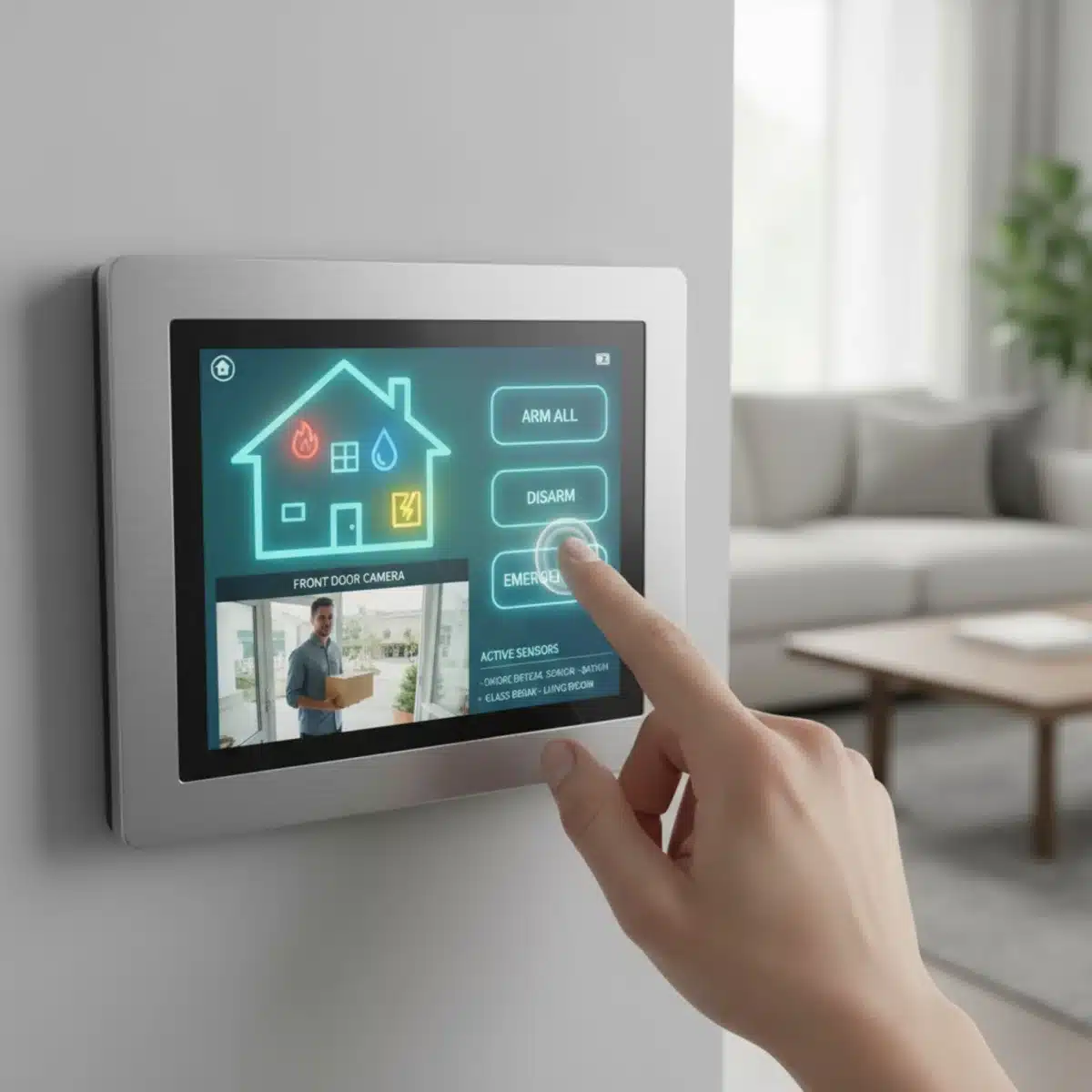 Nahaufnahme eines Smart-Home-Sicherheitspanels mit aktiven Sensoren und Kamera-Feed, das die Benutzerfreundlichkeit hervorhebt.