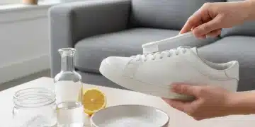 Ein Paar strahlend weiße Sneaker, die mit Hausmitteln gereinigt werden, um ihre Frische zu bewahren.