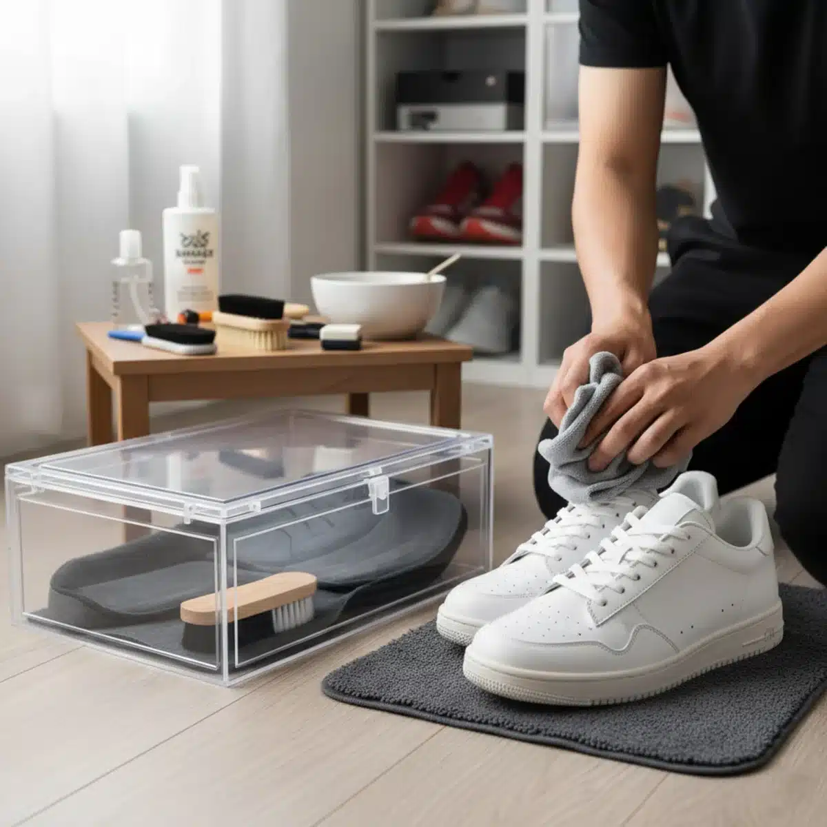 Person reinigt Sneaker vor der Lagerung in einer Box