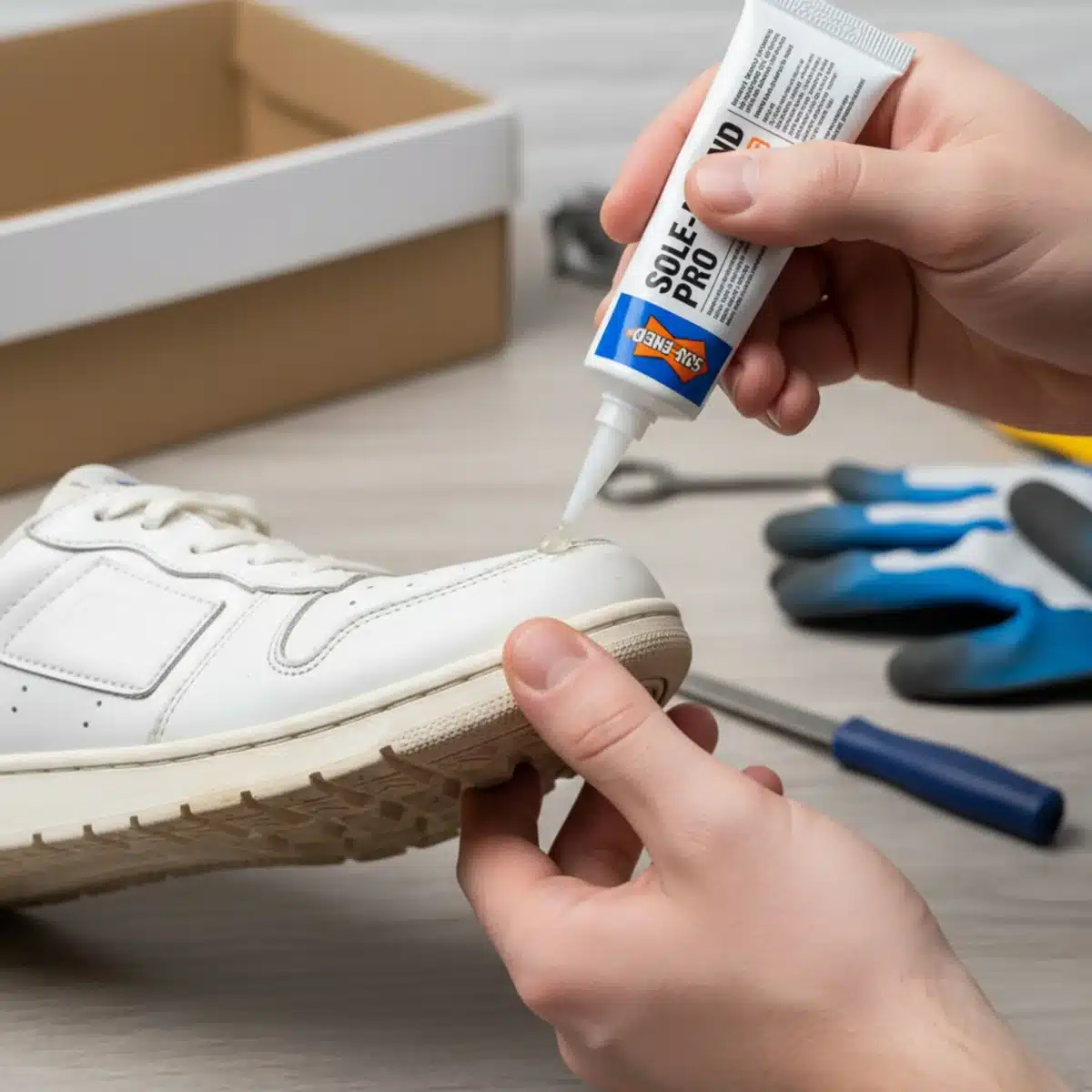 Nahaufnahme einer Person, die Spezialkleber auf die Sohle eines Sneakers aufträgt.