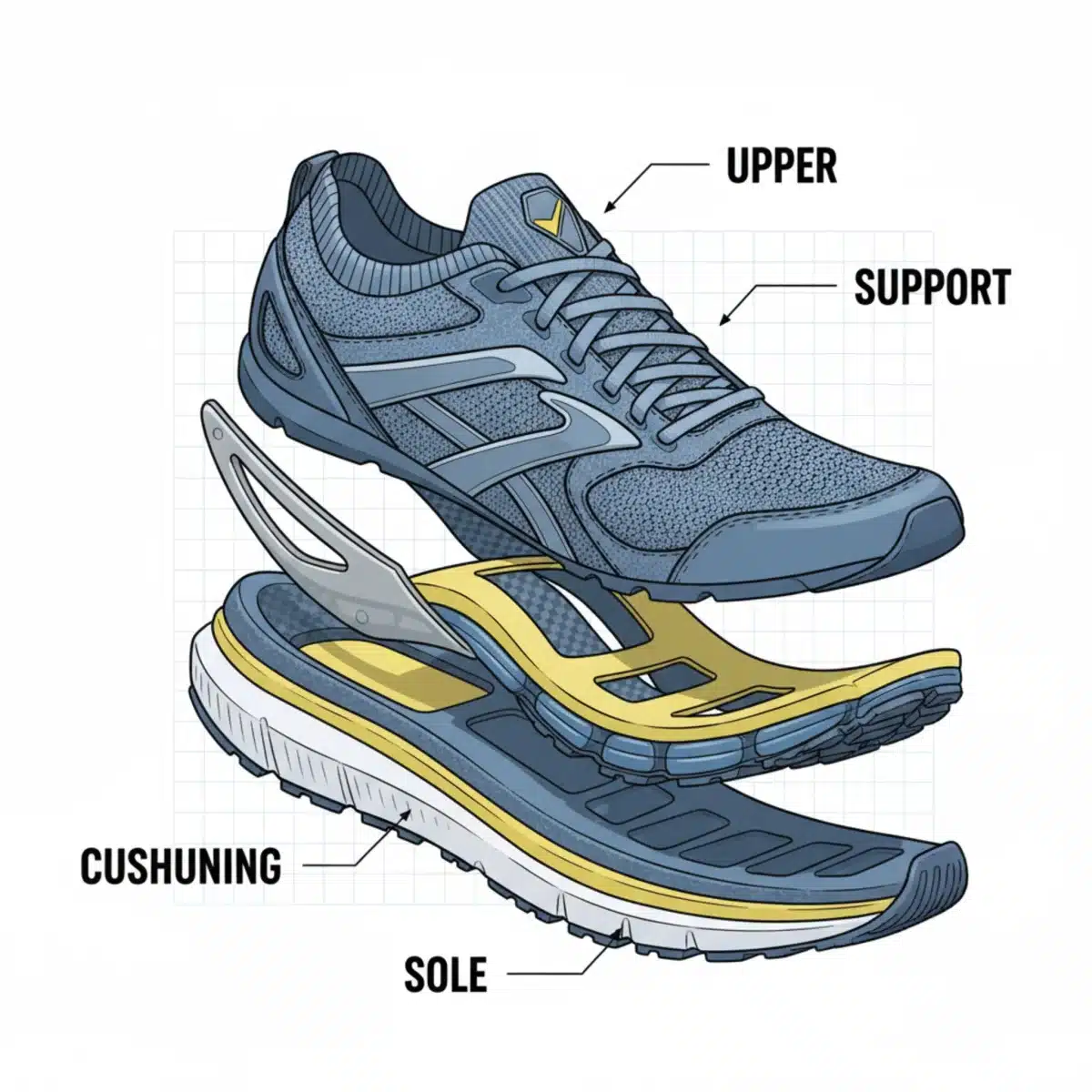 Aufbau eines Sportschuhs: Dämpfung, Sohle, Obermaterial und Stützelemente