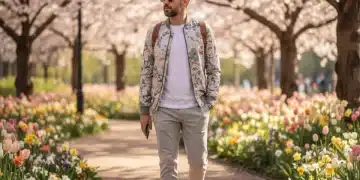 Die 3 wichtigsten Schuh-Trends für Herren im Frühling 2025: Stilvoll auftreten Ein stilvoller Mann trägt trendige Frühlingsschuhe 2025 in einem frühlingshaften Park.