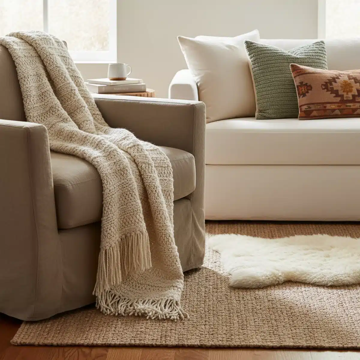 Ecke mit geschichteten Textilien für mehr Gemütlichkeit