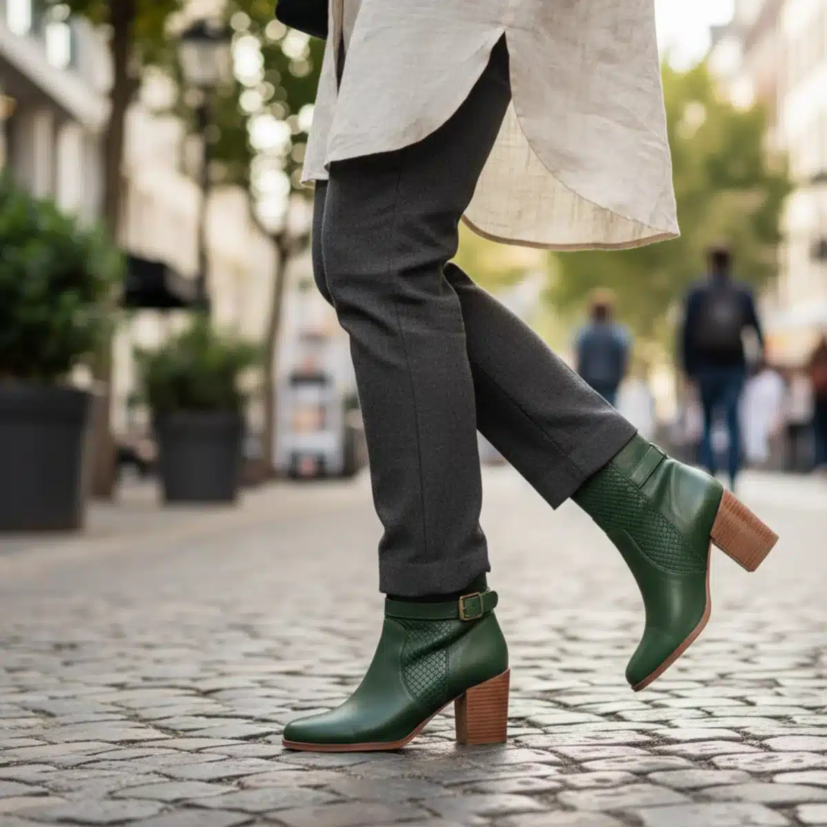 Person trägt stilvolle vegane Stiefeletten im urbanen Umfeld