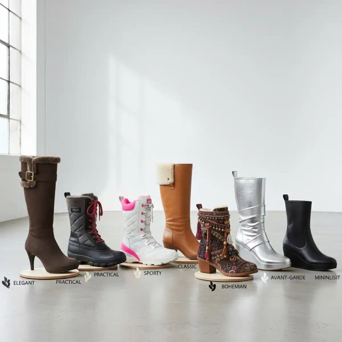 Sieben verschiedene Modelle von Damen-Winterschuhen, von elegant bis sportlich, in einer Studioanordnung.