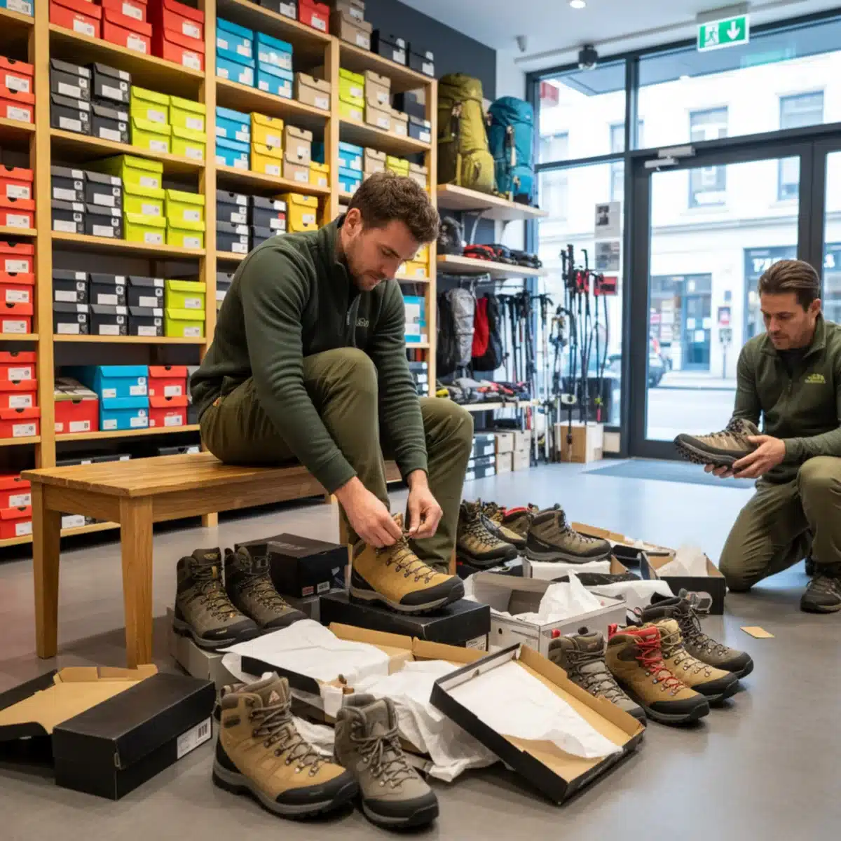 Person probiert verschiedene Wanderschuhe in einem Fachgeschäft an