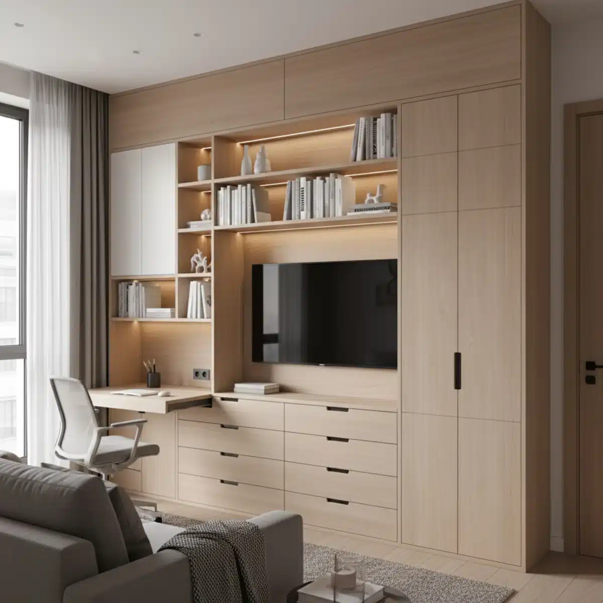 Maßgefertigte Wandregale und Schreibtisch in einem kleinen Apartment