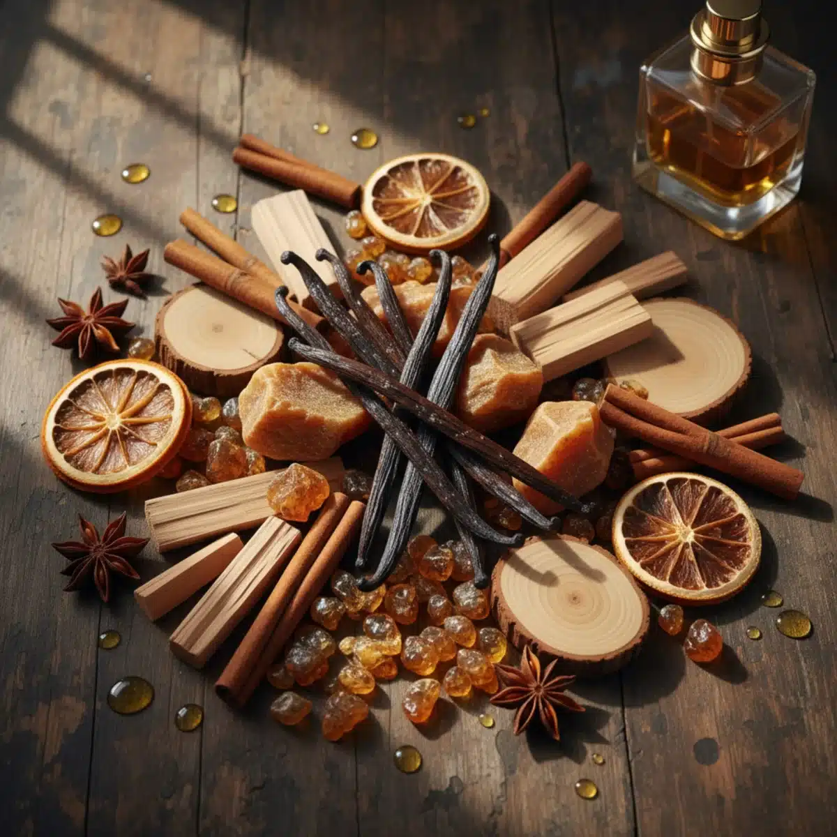 Ausgewählte Inhaltsstoffe von Winterparfüms wie Vanille, Amber und Sandelholz