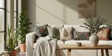 Wohnzimmer mit nachhaltigen Heimtextilien und biophilen Mustern