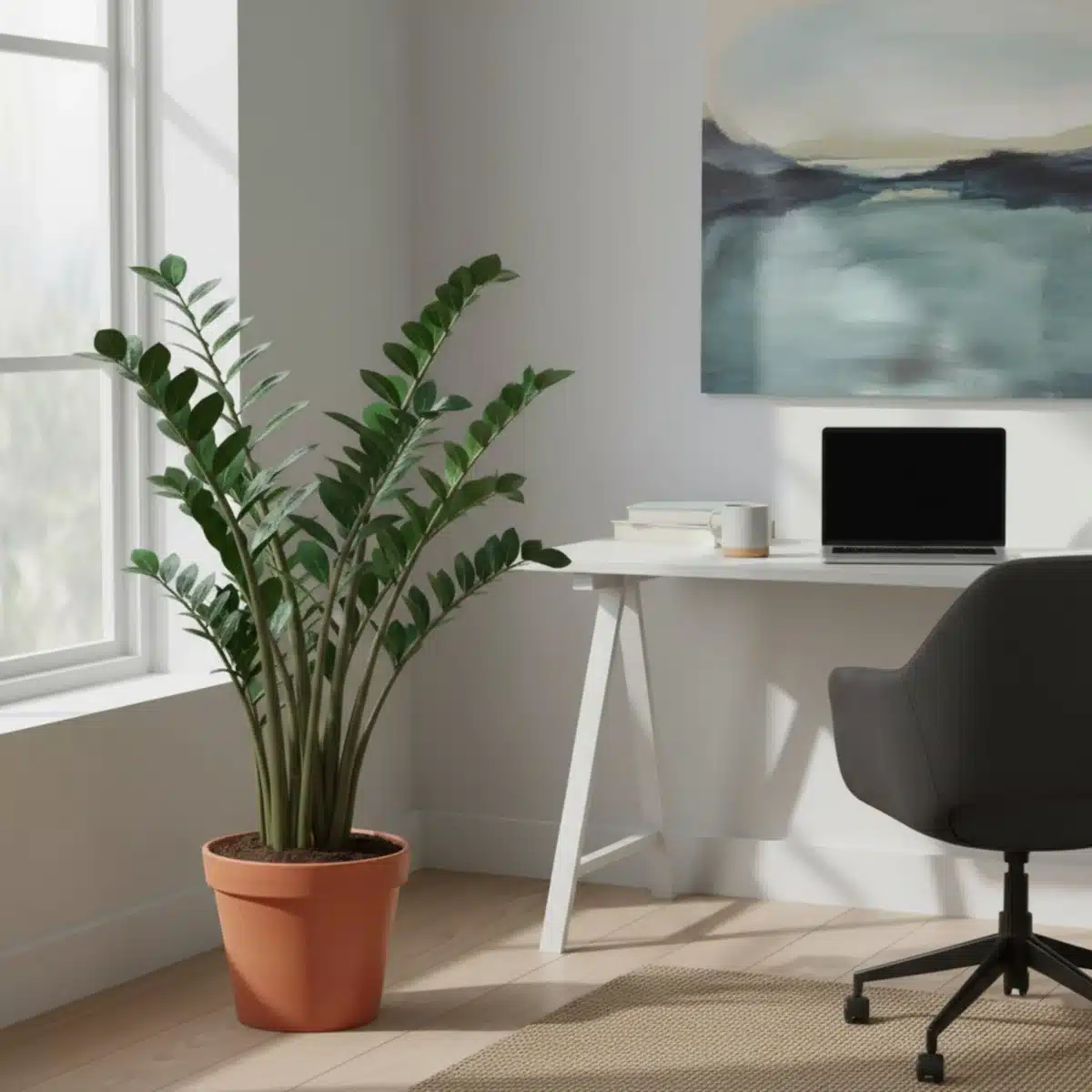 Eine glänzende ZZ-Pflanze (Glücksfeder) in einem Home-Office, die eine beruhigende und natürliche Arbeitsumgebung schafft.