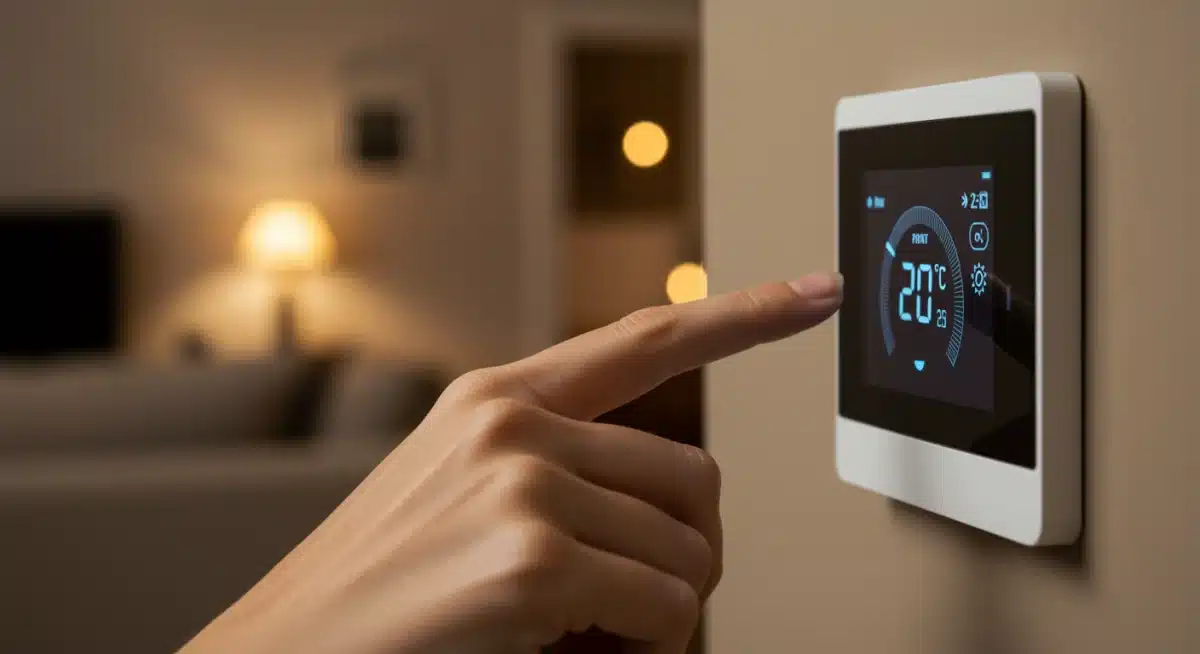 Hand bedient einen intelligenten Thermostat zur Optimierung der Heizung