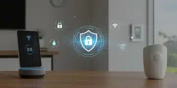 Datenschutz im Smart Home: Symbole für Sicherheit und Privatsphäre über vernetzten Geräten in einem modernen Zuhause.