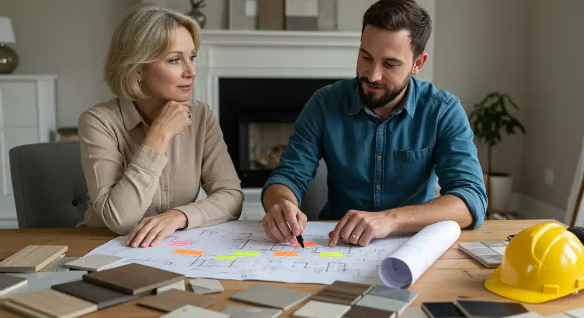 Hausbesitzer besprechen Renovierungspläne mit Bauunternehmer