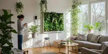 Modernes, nachhaltiges Wohnzimmer mit DIY-Elementen und viel Grün