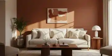 Modern living room with 2026 color palette featuring warm terracotta and beige tones