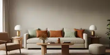 Modern living room with 2026 seasonal color palette featuring warm earth tones and neutral walls